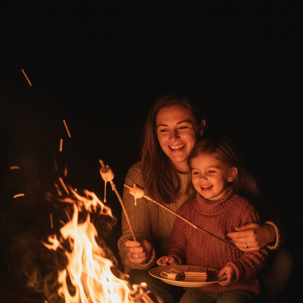 Parent and child making s'mores together in front of a glowing bonfire