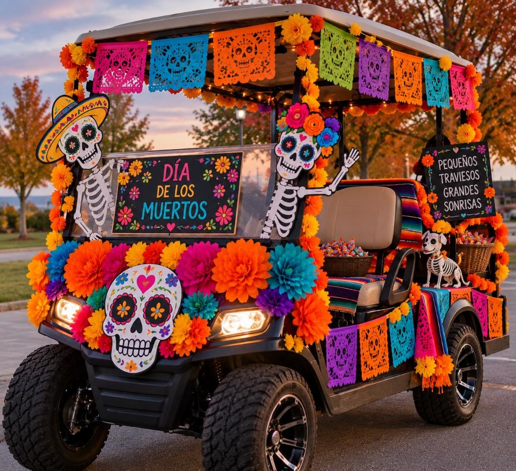 Colorfully decorated Día de los Muertos themed golf cart at a fall festival